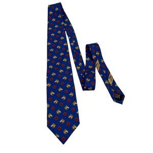 Longchamp Blue Silk Tie with Red and Gold Motif